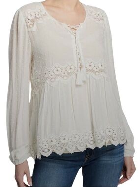 Johnny Was Jade Mikala Raised Dot Lace-Up Front Long-Sleeve Boho Blouse Medium